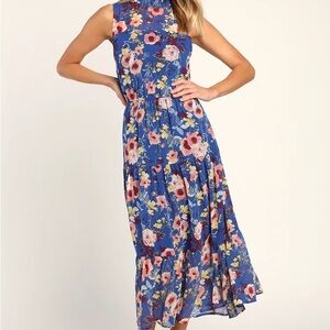 Lulu's Blue Floral Asymmetrical Maxi Dress with Pink Accents